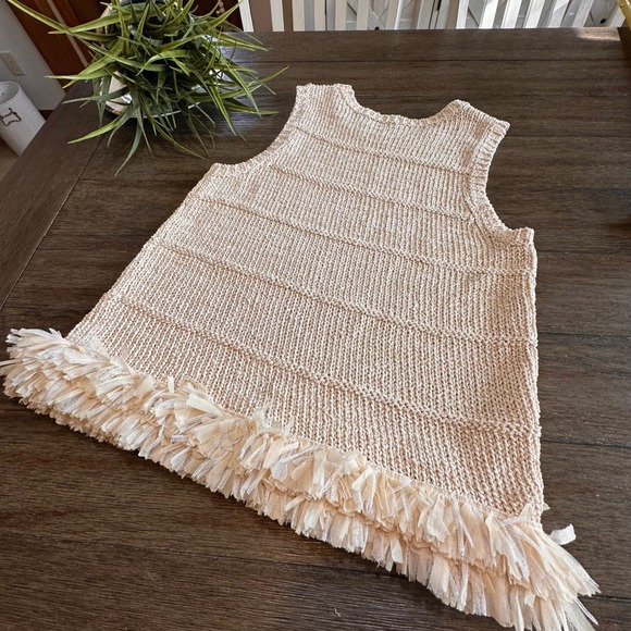 Ann Taylor Knit Sleeveless Top Medium Beige Gold Sweater Knit Fringe Hem M - Picture 3 of 9